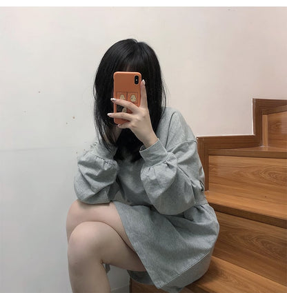 Cute Solid Color Long Sleeve T-shirt Shirt Dress With Belt Loose Oversized Woman Spring Autumn E-Girl Kawaii Korean Japanese Harajuku Retro Streetwear