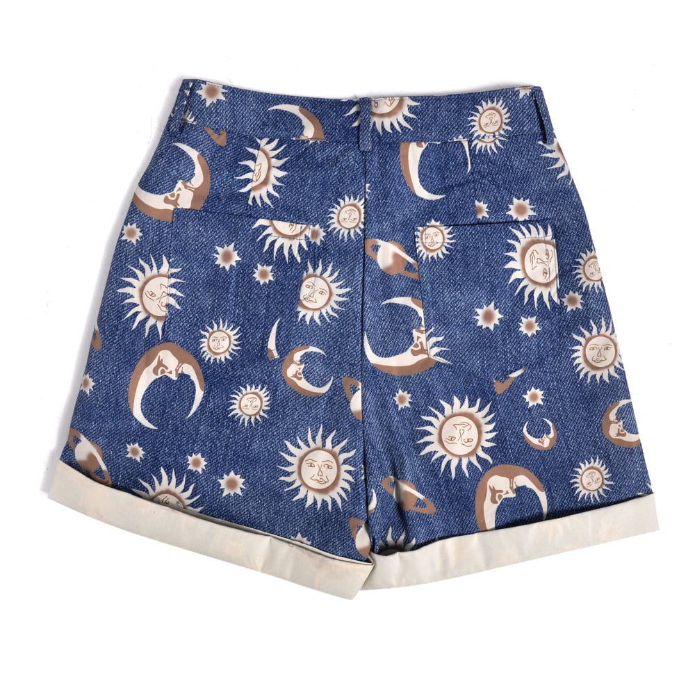 Cute Sun Moon Star Planet Pattern Loose Denim Shorts Bottom E-Girl Kawaii Korean Japanese Harajuku Chinese Retro Streetwear Aesthetic