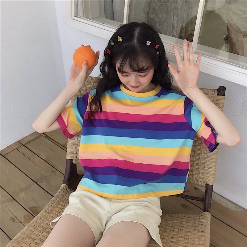 Cute Rainbow Colorful Stripe LGBT Pride Loose Oversized Short Sleeve Shirt Tee T-shirt E-Girl Kawaii Korean Japanese Harajuku Chinese Retro Streetwear