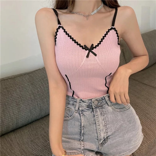 Cute Sexy Purple Knit Crop Top Sleeveless Tank Camisole Aesthetic Casual Summer E-Girl Kawaii Korean Japanese Harajuku