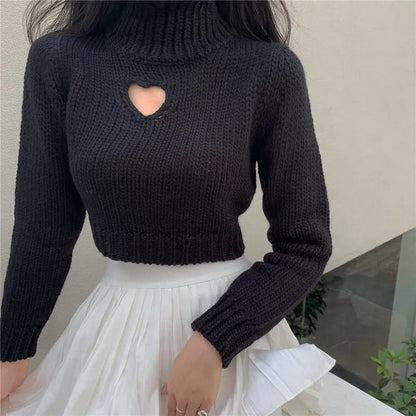 Heart Hollow Out Cropped Turtleneck Sweater