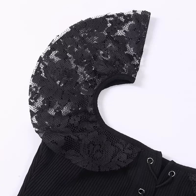 Sexy Black Goth Punk Lace Mesh Hallowout Eyelet Backless Transparent Patchwork T-shirt Top Corset E-Girl Kawaii Korean Japanese Harajuku Streetwear