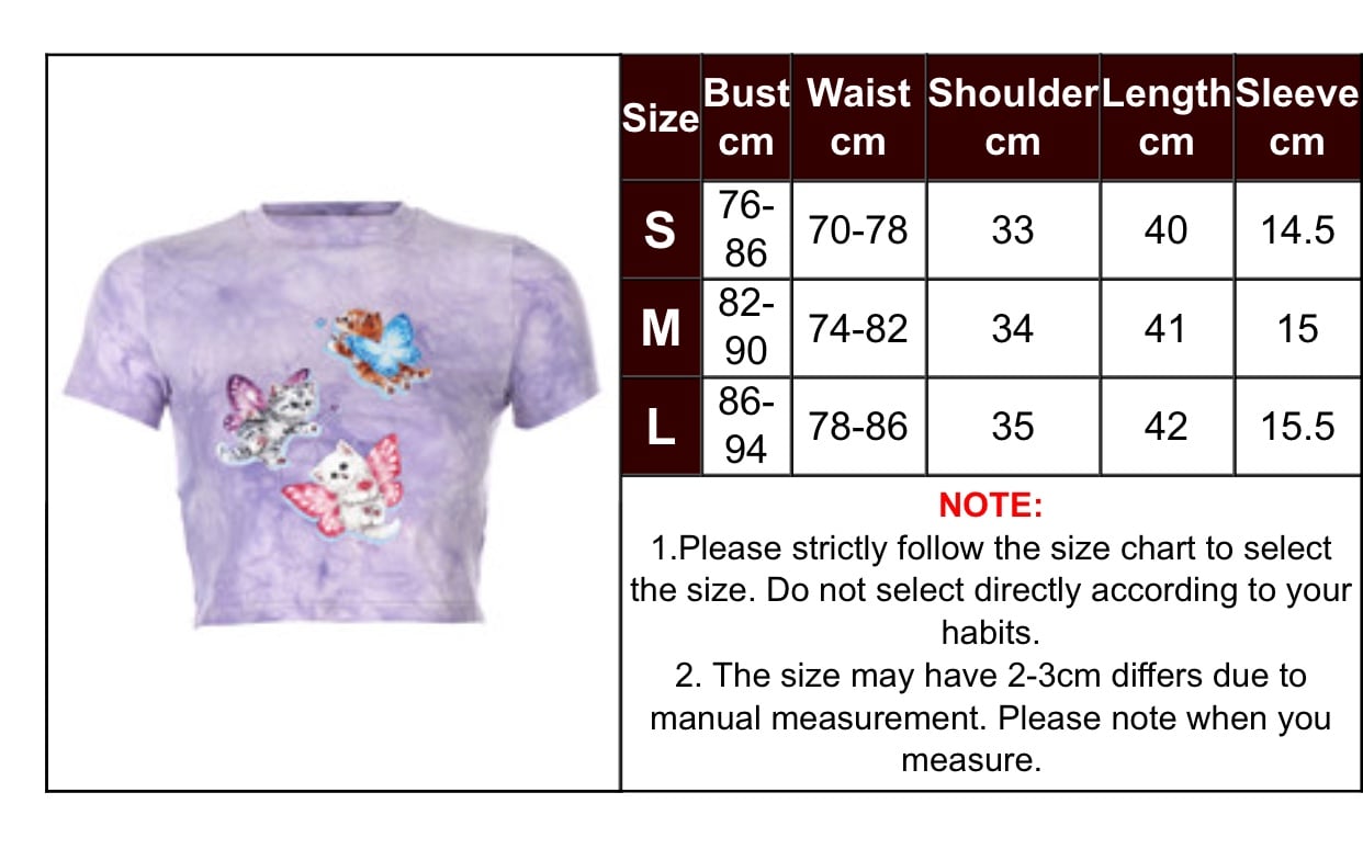Cute Cat Butterfly Print Purple Sexy Crop Top Tank Short Sleeve Shirt Tee T-shirt Summer Casual E-Girl Kawaii Korean Japanese Harajuku Streetwear
