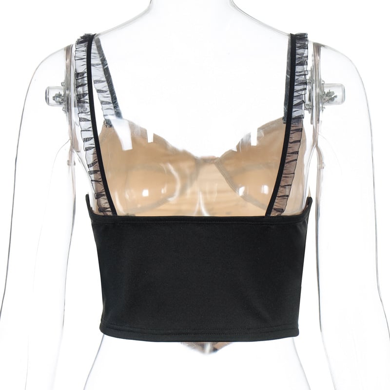 Cute Cat Graphic Vintage Lace Spaghetti Strap Crop Top Shirt Tee T-shirt E-Girl Kawaii Korean Japanese Harajuku Chinese Retro Streetwear Aesthetic