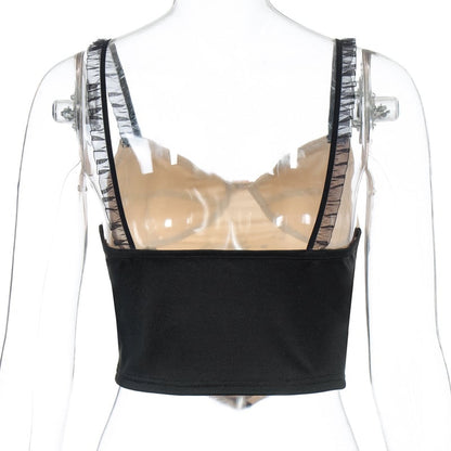 Cute Cat Graphic Vintage Lace Spaghetti Strap Crop Top Shirt Tee T-shirt E-Girl Kawaii Korean Japanese Harajuku Chinese Retro Streetwear Aesthetic