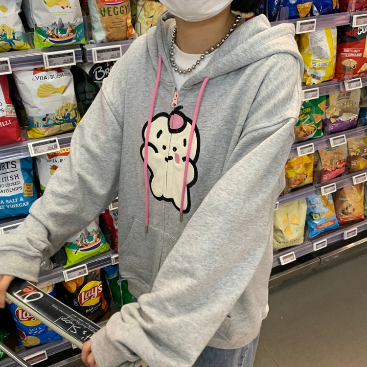 Bear Graphic Print Zipper Hoodie