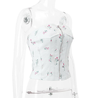 White Floral Zipper Tube Top