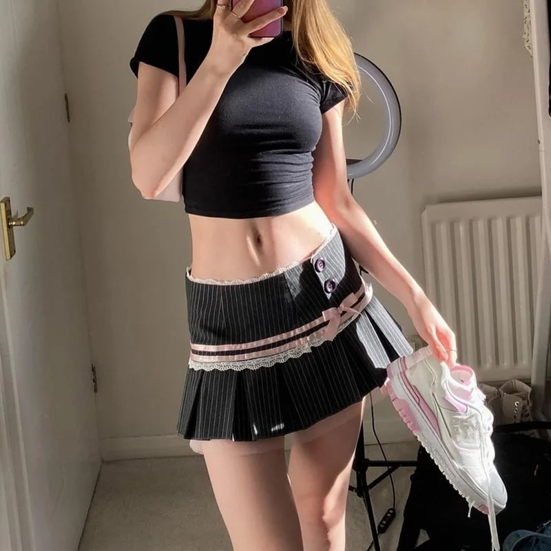 Pink Bow Stripe Fold Lace Up High Waist Skirt