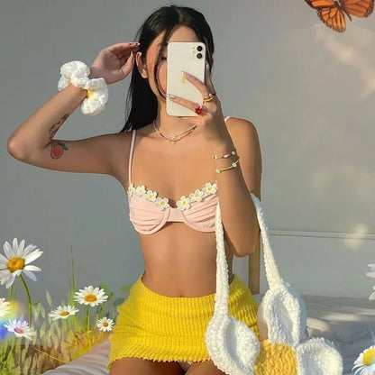 Cute Pink Floral Backless Vest Strapless Shirt Crop Top Corset Beach Boho Summer Aesthetic Casual E-Girl Kawaii Korean Japanese Harajuku