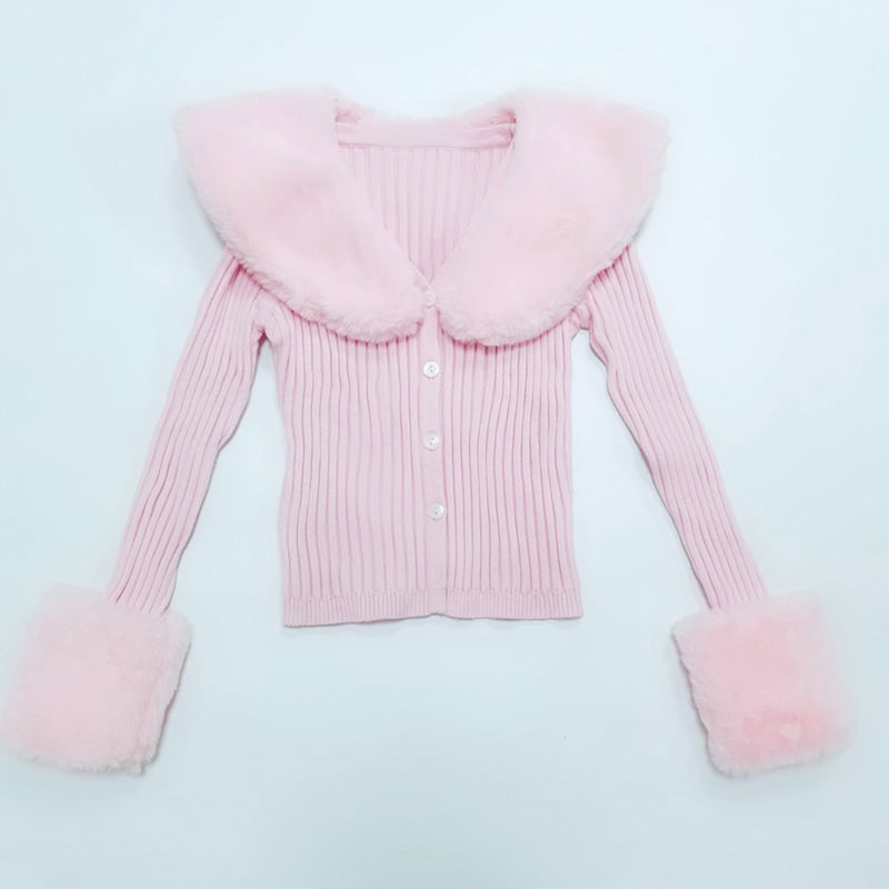 Pink Faux Fur Collar Long Sleeve Shirt