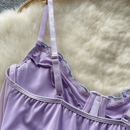 Purple Flower Embroidery Corset Top