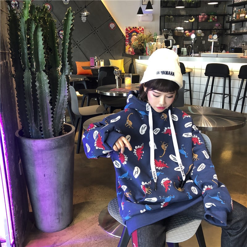 Funny Dinosaur Cartoon Print Vintage Baggy Oversized Loose Hoodie Pullover Sweater Sweatshirt Jumper E-Girl Kawaii Korean Japanese Harajuku Streetwear