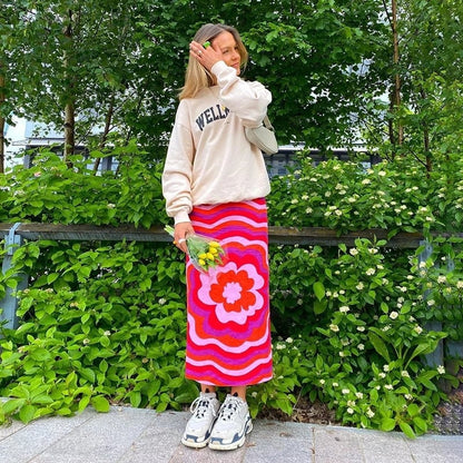 Cute Vintage Red Flower High Waist Print Beach Long Skirt Wrap Sexy Aesthetic Casual Summer E-Girl Kawaii Korean Japanese Harajuku