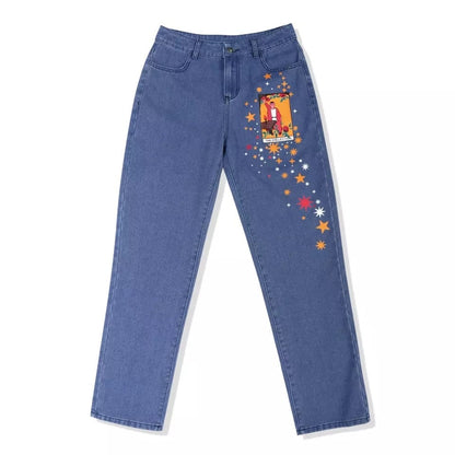Vintage Star Moon Night Sky Women Heans Pattern Print Autumn Winter Demin Trouser Blue Pants Bottom E-Girl Kawaii Korean Japanese Harajuku Streetwear