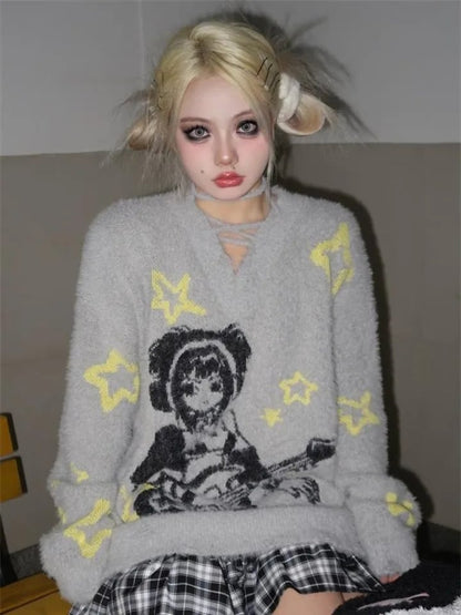Grey Anime Girl Oversized Sweater