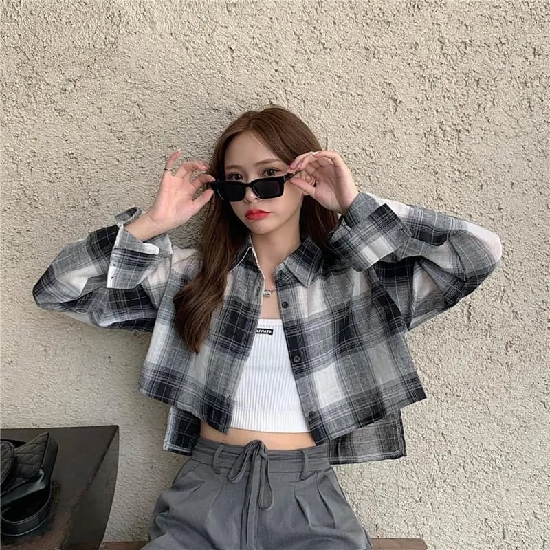 Plaid Long Sleeve Crop Top