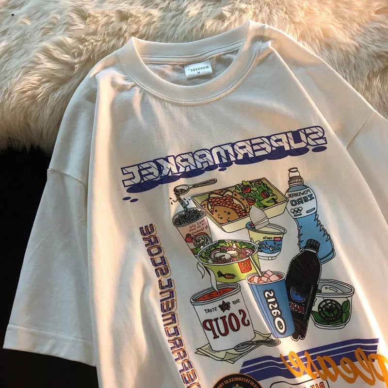 Retro Gas Station Food Print Short Sleeve T-shirt