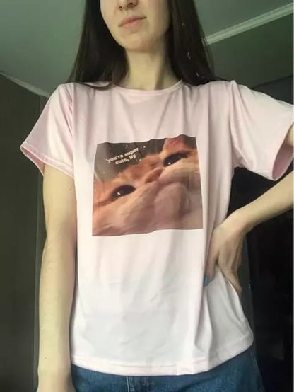 Cute Pink Funny Cat Kitten Meme Cartoon Print Loose Short Sleeve Short T-shirt Tee Top Summer Casual E-Girl Kawaii Korean Japanese Harajuku Streetwear
