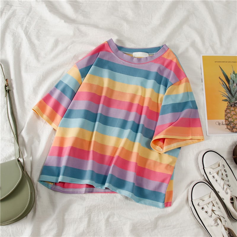 Cute Causal Pastel Rainbow Colorful Stripe Loose Round Neck Short Sleeve Tee Shirt T-shirt Top E-Girl Kawaii Korean Japanese Harajuku Retro Streetwear