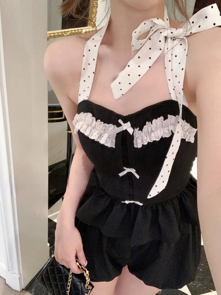 2PCS Vintage Polka Dot Bow Halter Top + Shorts