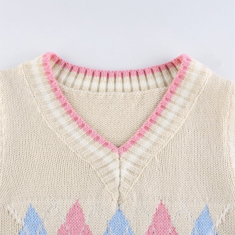 Cute Argyle Plaid Sleeveless V Neck Knit Sweater Sweatshirt Preppy Crop Top Pullover Aesthetic E-Girl Kawaii Korean Japanese Harajuku Streetwear