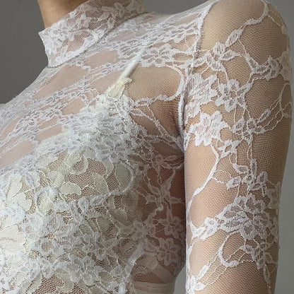 White Transparent Lace Turtleneck Crop Top