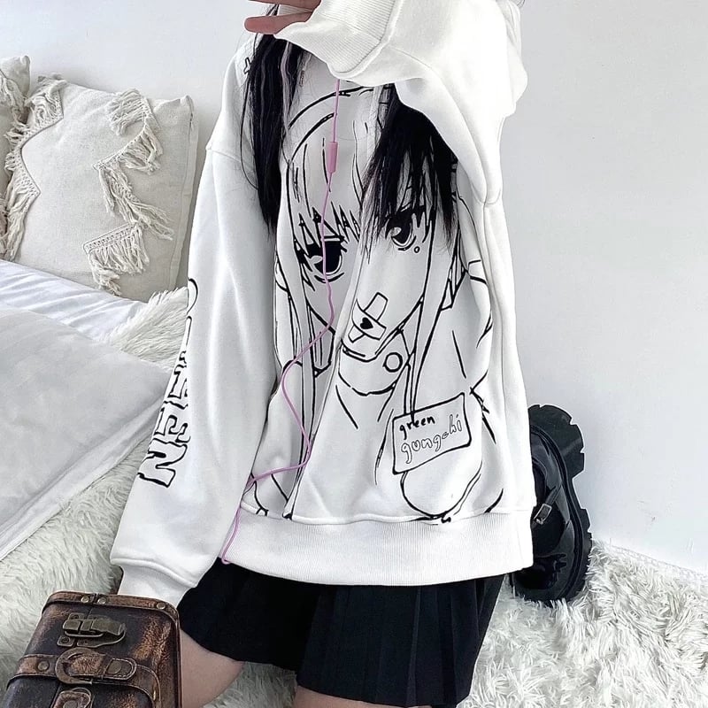 Cute Black Goth Anime Hoodie Grunge Loose Long Sleeve Shirt Aesthetic Casual E-Girl Kawaii Korean Japanese Harajuku