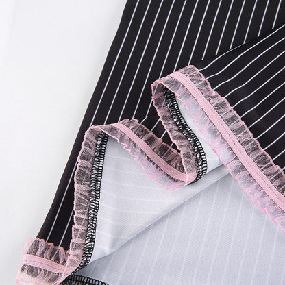 Cute Sexy 90s Black Pink Lace Trim Striped V Neck Mini Dress Dark Academia Aesthetic Goth E-Girl Kawaii Korean Japanese Harajuku Streetwear