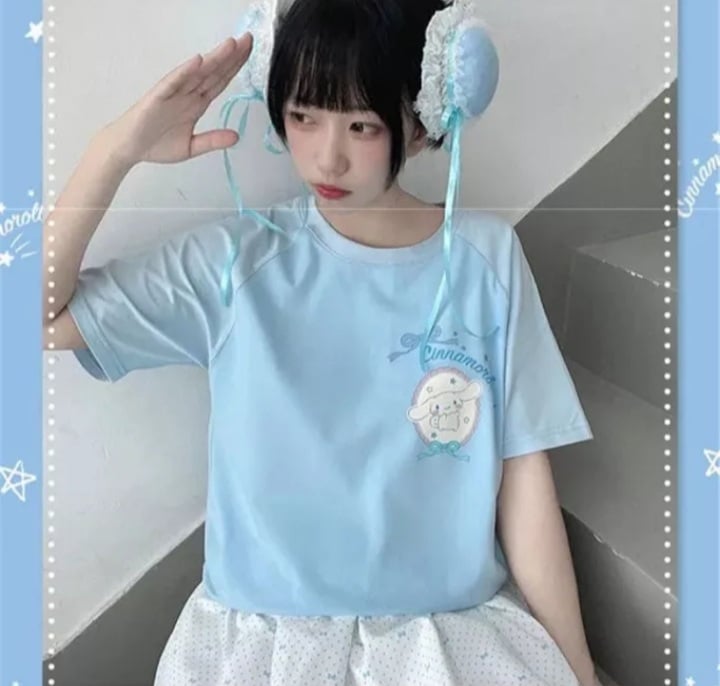 Cute Blue Japanese Anime Cartoon Graphic Print Loose Short Sleeve T-shirt