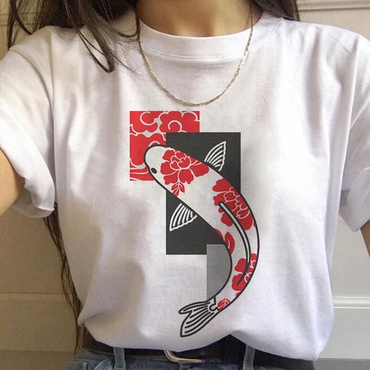 Vintage Koi Goldfish Print Cartoon Loose Oversize Short Sleeve Short T-shirt Tee Top Summer Casual E-Girl Kawaii Korean Japanese Harajuku Streetwear