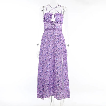 Purple Floral Ruched Satin Slip Maxi Dress