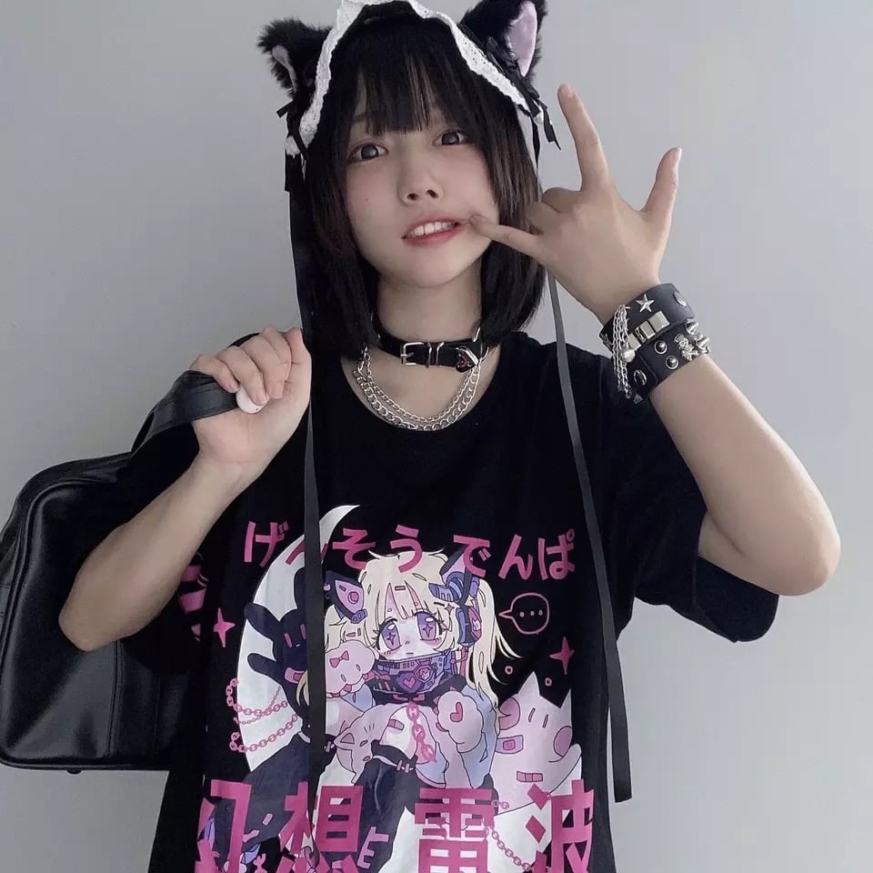 Anime Cartoon Print Grunge Loose Steampunk Goth Punk Short Sleeve Shirt T-shirt Top Summer Causal E-Girl Kawaii Korean Japanese Harajuku Streetwear