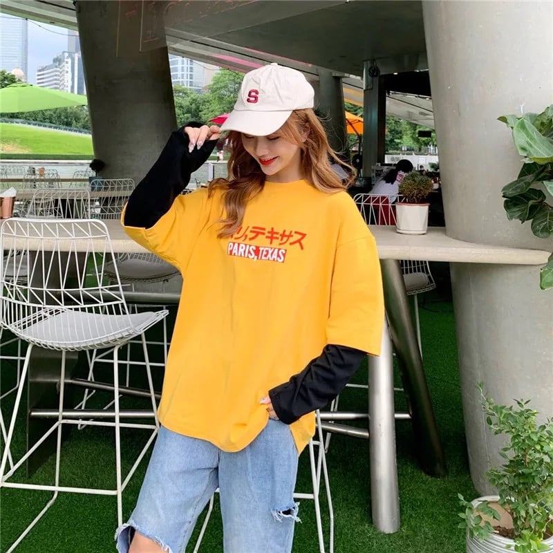 Cute Casual Yellow Vintage Letter Print Graphic T-shirt Long Sleeve Tee Shirt O-neck Pullover E-Girl Kawaii Korean Japanese Harajuku Retro Streetwear