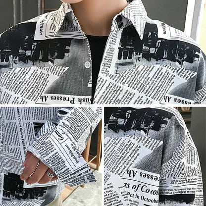 Cute Vintage Newspaper Letter Print Button Up Long Sleeve Shirt Blouse Top Aesthetic Casual E-Girl Kawaii Korean Japanese Harajuku