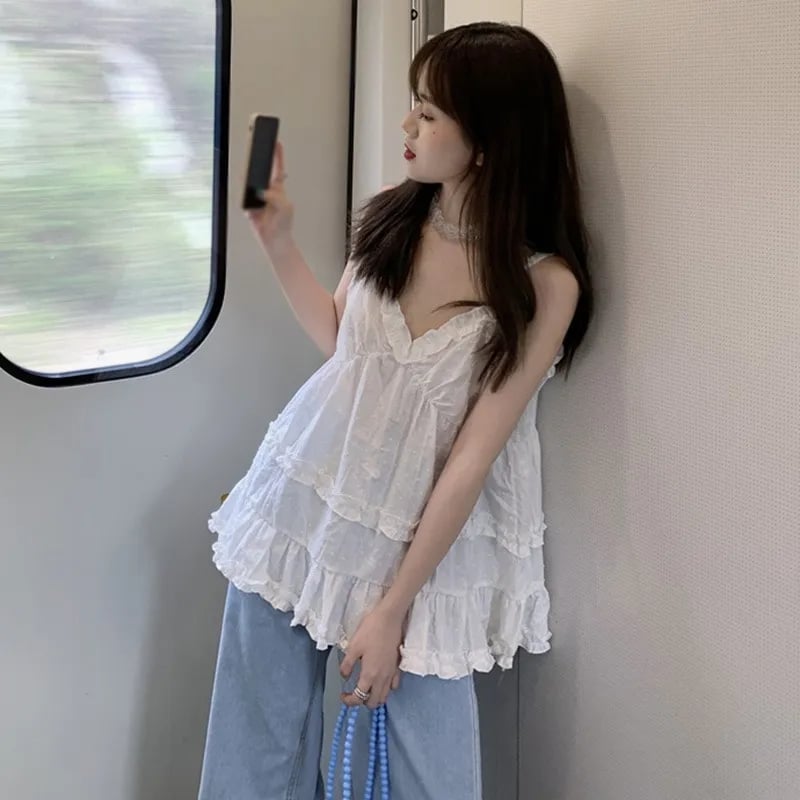 White Ruffle Spaghetti Strap Tank Top