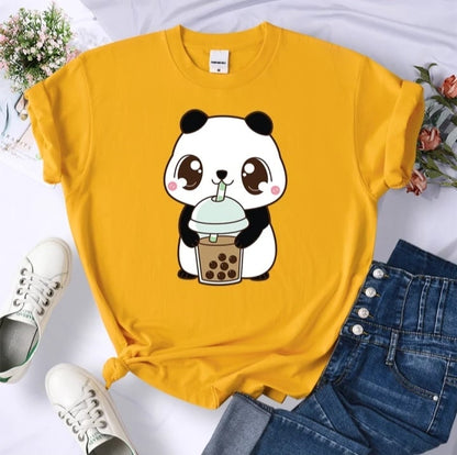 Cute Panda Bear Boba Bubble Milk Tea Graphic Cartoon Print Loose Short Sleeve T-shirt Aesthetic Casual Summer E-Girl Kawaii Korean Japanese Harajuku