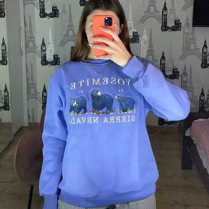 Vintage Bear Embroidery Sweatshirt Causal Long Sleeve Shirt Crew Neck Oversize Loose Sweater E-Girl Kawaii Korean Japanese Harajuku Streetwear