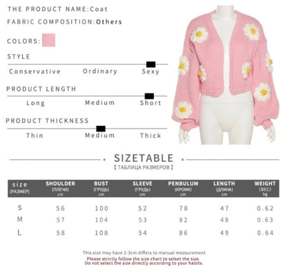 Cute Pink Daisy Flower Knit Crochet Loose Cardigan Long Sleeve V Neck Sweater Aesthetic E-Girl Kawaii Korean Japanese Harajuku