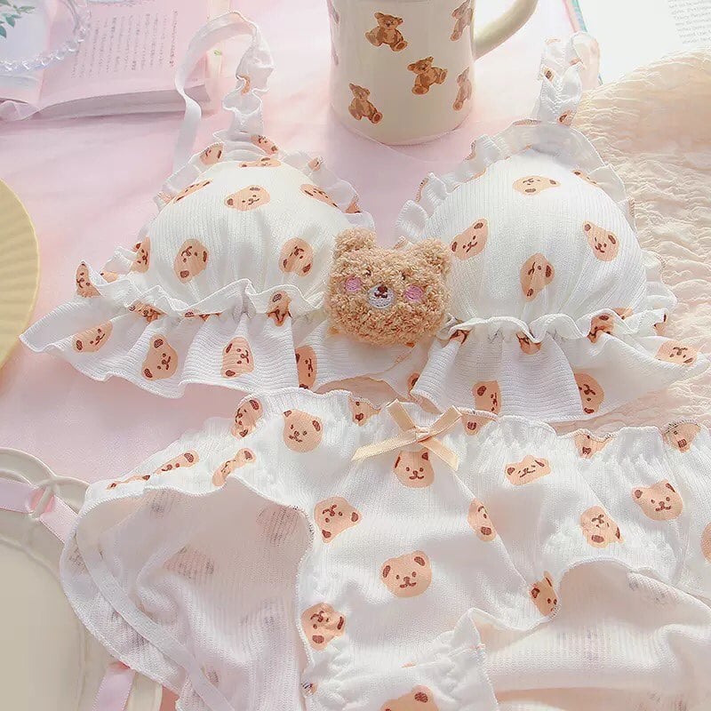 Teddy Bear Push Up Bra + Panty Set Underwear Lingerie Bralette Summer Aesthetic Casual E-Girl Kawaii Korean Japanese Harajuku