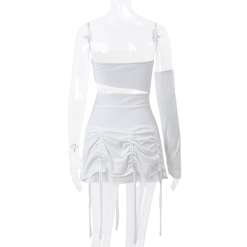 White Hollow Out Drawstring Strapless Mini Dress