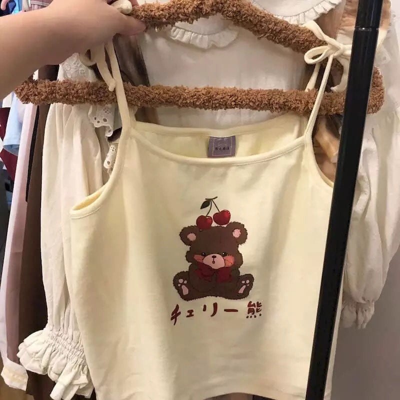 Cute Brown Bear Cherry Graphic Cartoon Print Camisole Spaghetti Strap Shirt Aesthetic Casual Summer E-Girl Kawaii Korean Japanese Harajuku