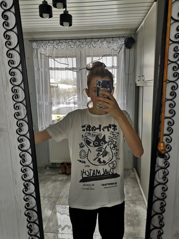 Cat Cartoon Print Loose Short Sleeve T-shirt