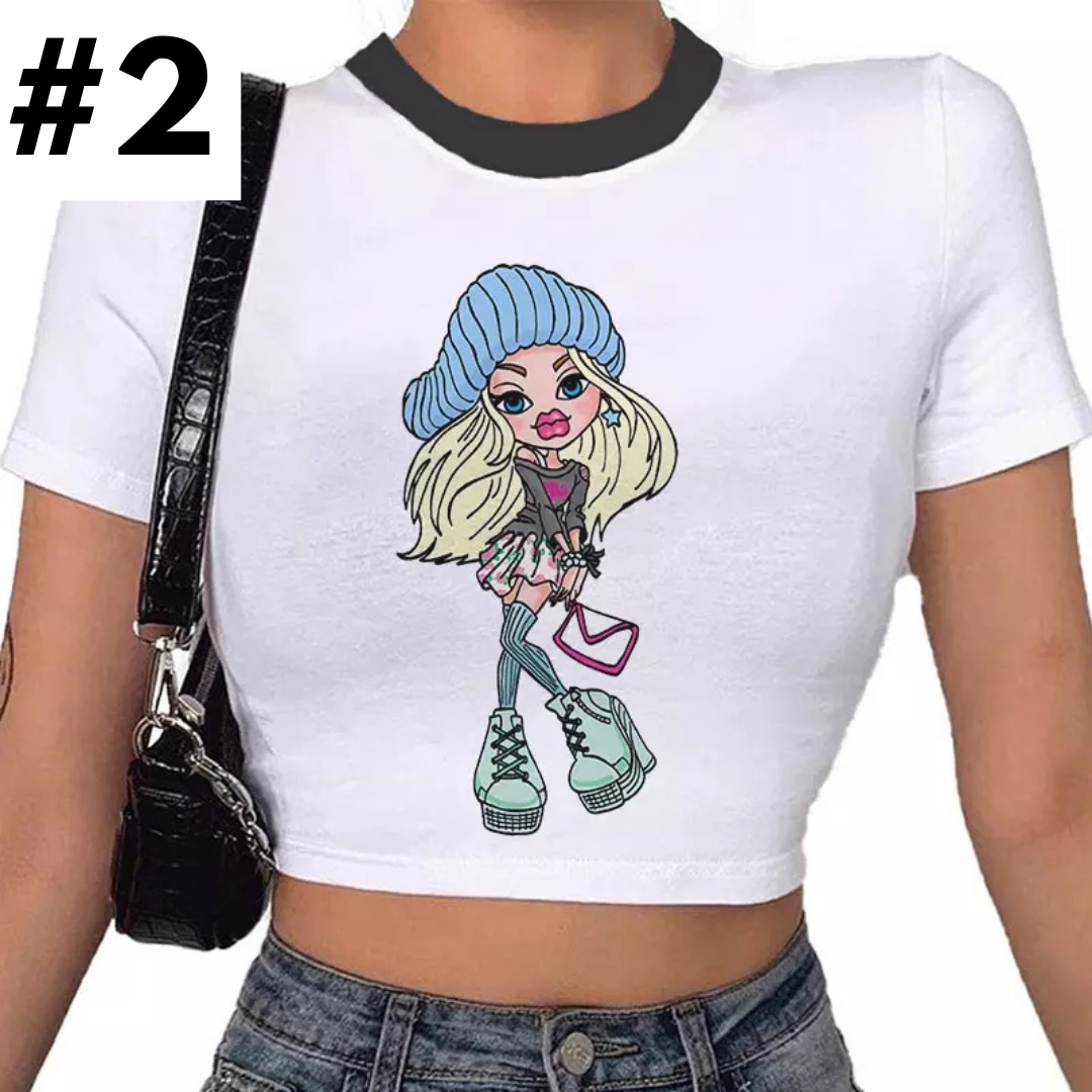 Doll Cartoon Graphic Print White Short Sleeve T-shirt