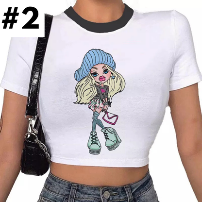 Doll Cartoon Graphic Print White Short Sleeve T-shirt