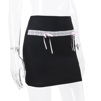 Black Bow Lace Trim High Waist Mini Skirt