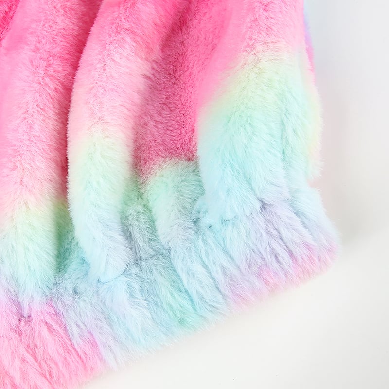 Cute Casual Rainbow Furry Tie Dye Plush Crop Long Sleeve Loose Sweatshirt Pullover E-Girl Kawaii Korean Japanese Harajuku Retro Streetwear Aesthetic