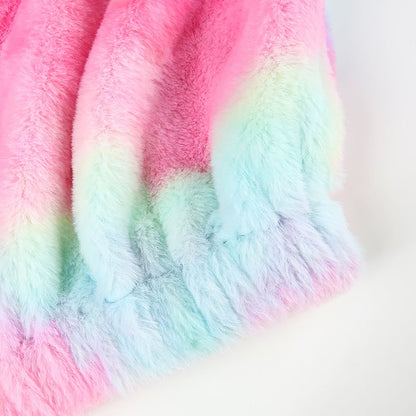 Cute Casual Rainbow Furry Tie Dye Plush Crop Long Sleeve Loose Sweatshirt Pullover E-Girl Kawaii Korean Japanese Harajuku Retro Streetwear Aesthetic