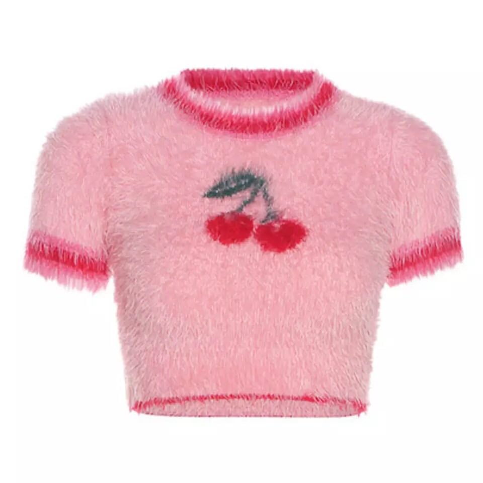 Pink Cherry Fluffy Soft Short Sleeve Shirt Crop Top Summer Aesthetic Casual E-Girl Kawaii Korean Japanese Harajuku