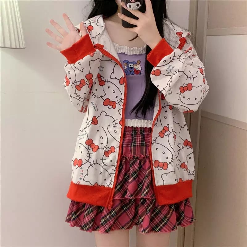 Cute Kitty Cat Cartoon Print Oversized Zipper Hoodie Sweatshirt Long Sleeve Pullover Aesthetic Casual Summer E-Girl Kawaii Korean Japanese Harajuku