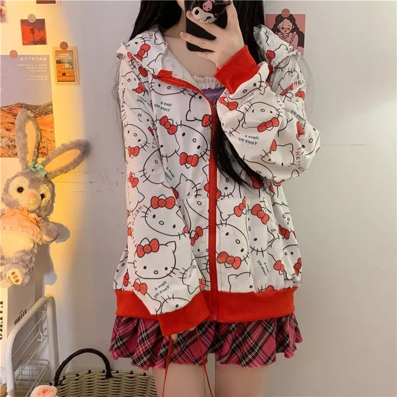 Cute Kitty Cat Cartoon Print Oversized Zipper Hoodie Sweatshirt Long Sleeve Pullover Aesthetic Casual Summer E-Girl Kawaii Korean Japanese Harajuku
